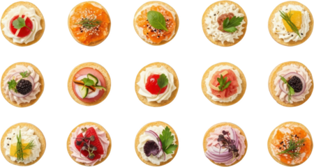 Assorted Crackers With Cream Cheese And Various Toppings Including Fruit Salmon And Ham Displayed On A Transparent Background