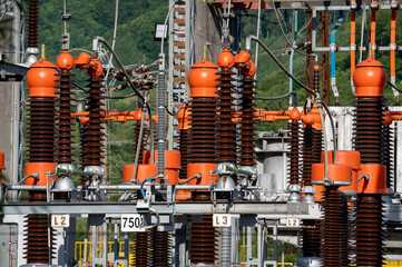 High voltage switch. High voltage electrical transformer substation. Power station. Power line.
