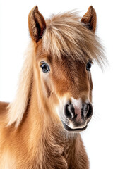 Obraz premium Portrait of a small brown pony with a long mane, isolated on a transparent white background, exuding charm. 