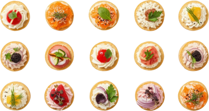 Assorted Crackers With Cream Cheese And Various Toppings Including Fruit Salmon And Ham Displayed On A Transparent Background
