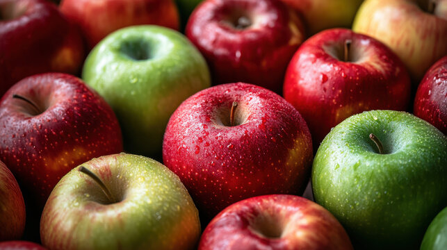 Closeup of Red and Green Apples with Water Droplets