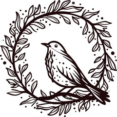 Obraz premium Hand drawn songbird perched on branch in floral wreath vintage black and white engraving illustration
