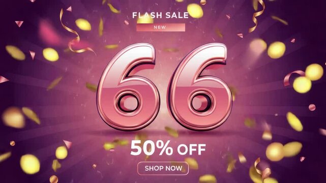 Flash sale announcement with metallic number 66 and 50% off text on festive background