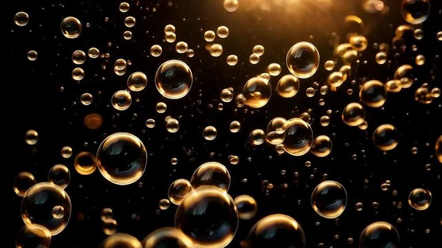 Abstract Floating Golden Bubbles With Light And Reflection Against A Black Background