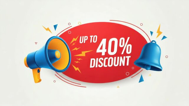 Promotional graphic offering up to 40% discount with megaphone and bell icons on colorful background