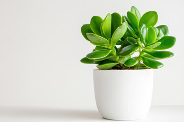 Fototapeta premium Potted jade plant with thick green leaves in a simple white ceramic pot, placed against a plain white background. 
