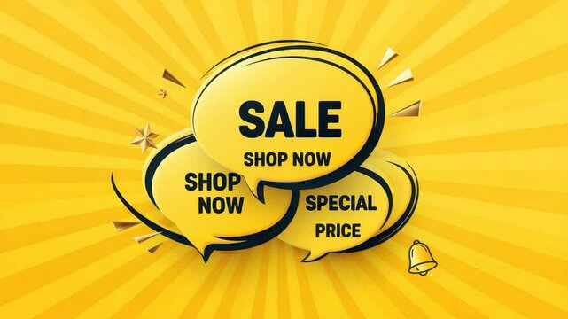 Yellow background with sale speech bubbles; "SALE", "SHOP NOW", "SPECIAL PRICE"