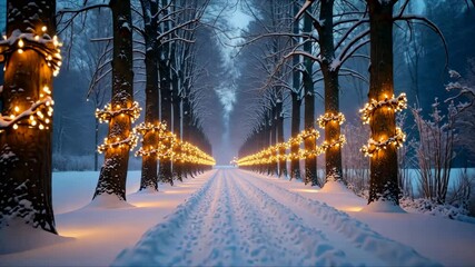 A magical, snow-covered path lined with trees wrapped in glowing fairy lights. Enchanting winter wonderland and Christmas holiday scenery. - Powered by Adobe