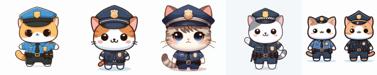 cute cat dressed as police icon set