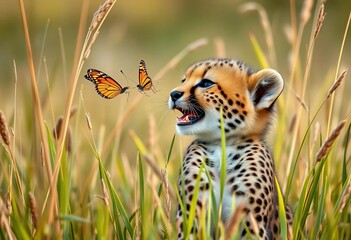 Cheetah cub in tall grass, smiling, playfully batting at butterfly,  mammal,  action