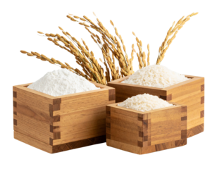 Untitled design - Rustic Display of Jasmine Rice, White Rice, and Flour in Wooden Containers with Rice Stalks, Isolated PNG