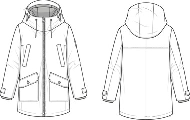 Technical flat sketch of a unisex hooded parka jacket, featuring front pockets and zipper closure, shown in front and back views, ideal for outerwear design, apparel, and pattern making © Mehebub Creatives