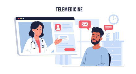 Telemedicine consultation with a smiling doctor and a patient receiving messages.