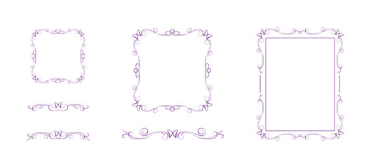 Hand drawn coquette frames and matching borders with bow ribbons. Ornate editable vignettes