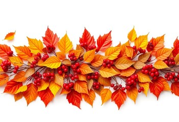 Horizontal seamless border of autumn leaves and berries on white background , decoration, red