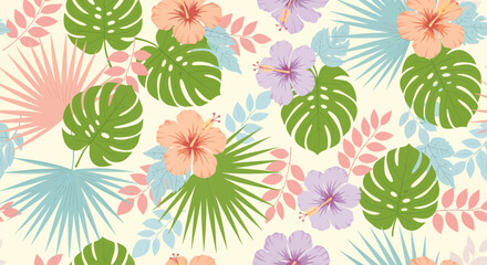 Tropical Floral Pattern with Hibiscus Monstera and Palm Leaves.