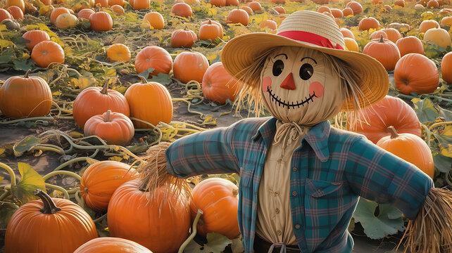 Scarecrow in a pumpkin patch, autumnal scene.
