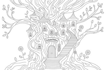 Obraz premium Enchanted treehouse nestled in a large, detailed tree. 
