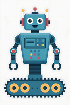 Friendly robot with treads and colorful details.
