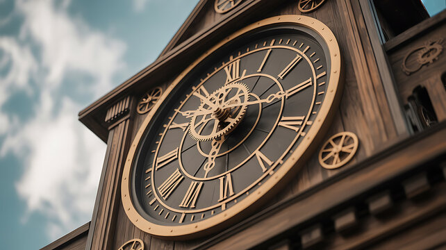 Ornate wooden clock tower, time passing.
