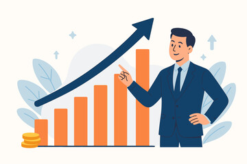 Businessman Presenting Company Growth, Increased Profits, Revenue Rise, Sales Improvement, Financial Success, Upward Bar Chart, Positive Report, Corporate Performance, Economic Progress Concept