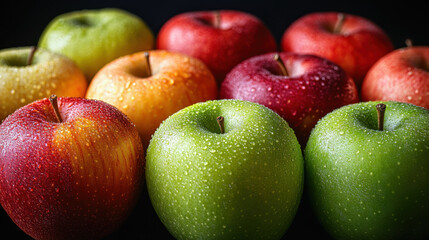 Closeup of Red Green and Yellow Apples with Water Droplets on Dark Background