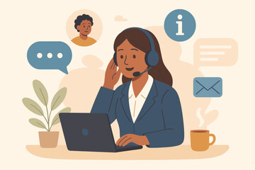 Customer service representative with headset providing live online support, business client assistance, information center, digital communication, helpful guidance, remote help desk concept