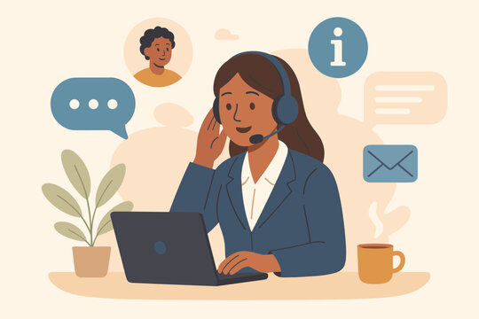 Customer service representative with headset providing live online support, business client assistance, information center, digital communication, helpful guidance, remote help desk concept