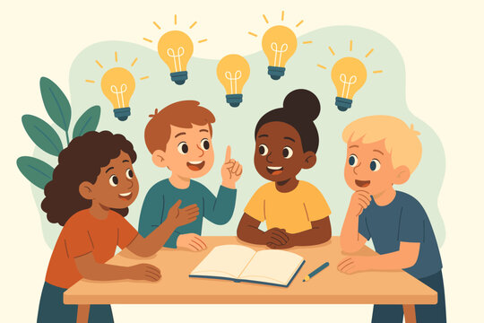 Diverse group of children brainstorming creative ideas, teamwork and collaboration, light bulbs symbolizing innovation, education, problem solving, classroom discussion, finding solutions together
