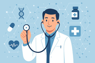 Medical doctor with stethoscope, healthcare professional examining patient, modern medicine technology, DNA, heart health, digital network, pharmacy, hospital, medical innovation concept
