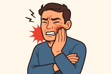 Fototapeta premium Cartoon man suffering severe toothache, holding cheek in pain, dental health problem, mouth ache, jaw pain, oral care issue, isolated vector illustration, medical symptom concept
