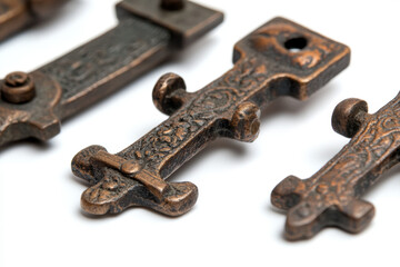 Set of vintage window latches isolated on a white background, highlighting their intricate details and design. -