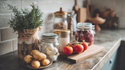 Modern Minimal Kitchen with Zero Waste Concept Featuring Fresh Produce and Glass Storage Containers