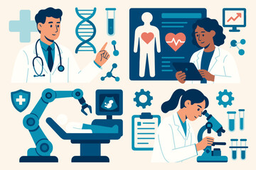 Modern Medical Science and Healthcare Technology Concept. Doctors, Laboratory Research, DNA Analysis, Robotic Surgery, Digital Health Data, Medical Innovation, Biotechnology, Laboratory Equipment