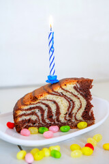 birthday zebra vanilla chocolate cake with chocolate and one blue candle.
