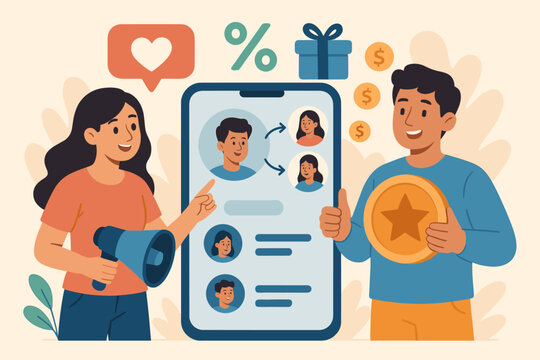 Referral marketing concept with friends loyalty program, customer rewards, social media promotion, influencer partnership, referral bonuses, digital advertising, flat vector illustration