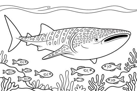 Whale shark swimming among small fish in coral reef.
