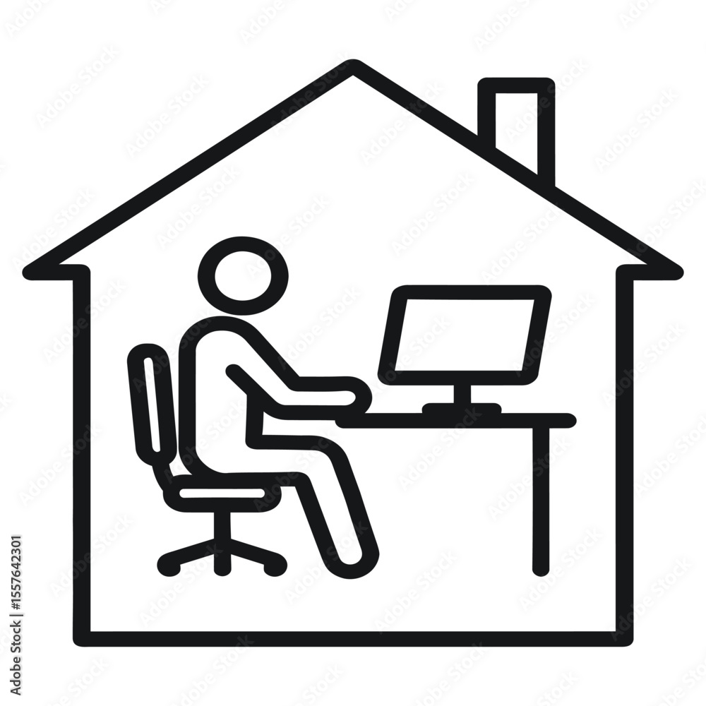 Fototapete  Simple outline icon depicting a person working remotely from home at a desk with a computer