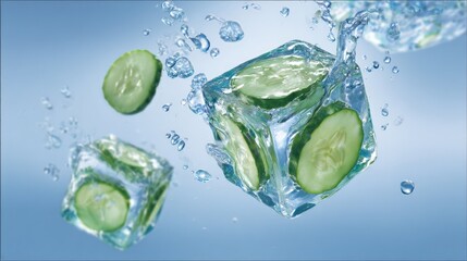 Refreshing Cucumber Ice Cubes in Water Splash