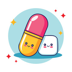 Cartoon pill and a marshmallow with a friendly face smiling. The pill is a cute illustration, with happy and friendly expressions on its faces. It’s a cartoon illustration.