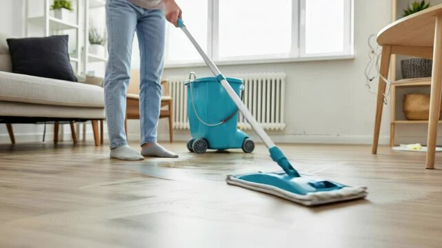 Person mopping wooden floor in bright, clean room