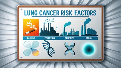 Lung cancer risk factors infographic showing smoking pollution genetics and radon factors in detail