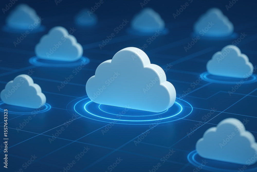Fototapete Cloud network: A symbolic representation of cloud computing and interconnected network,rendered with a smooth, modern aesthetic