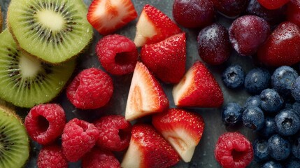 Obraz premium Close-up of assorted fresh berries and kiwi slices on dark background, symbolizing natural food ingredients