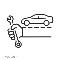 car repair icon, car service, hand of a master with a wrench, auto repair station, line symbol on white background - editable stroke vector illustration eps10