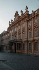 Fototapeta premium Ornate, light brown palace facade, grand architecture, empty street. 