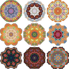 Set of colorful cute Mandalas. Decorative unusual round ornaments.