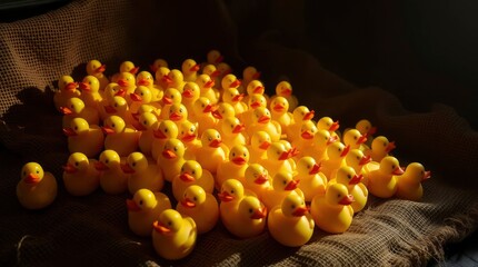 A crowd of yellow rubber ducks with orange beaks are packed on a brown burlap surface Light shadows their contours
