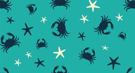 Fototapeta premium Playful Ocean Life Pattern Featuring Crabs and Starfish on Teal Background