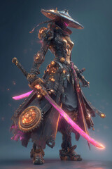 Futuristic sci-fi samurai warrior character with a glowing pink katana sword, 3D render illustration
